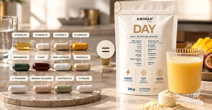 Twelve separate supplement capsules compared with one pack of AMINAH DAY and a prepared drink