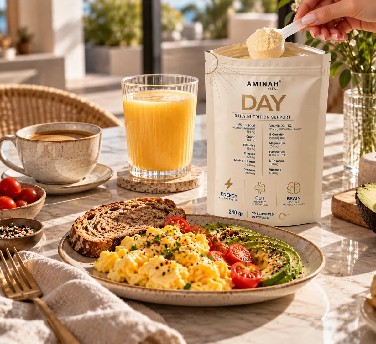AMINAH DAY on a breakfast table with a prepared drink
