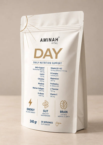 AMINAH DAY Daily Nutrition Support pouch, front of pack